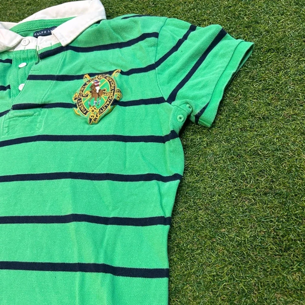 Ralph Lauren Mens Green Navy Striped Crest Rugby Polo Shirt Large Short Sleeve